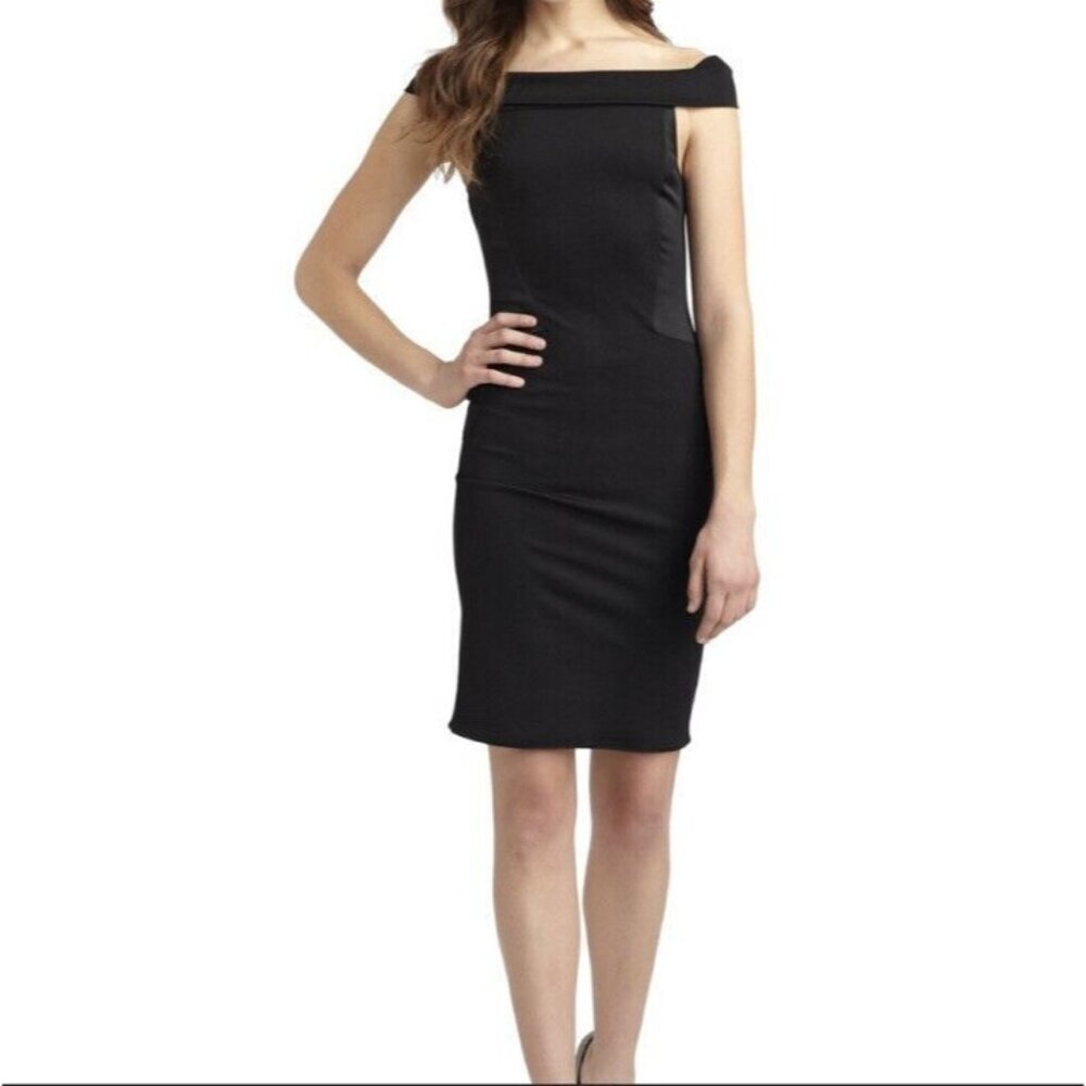 Halston Heritage Off The Shoulder Little Black Cocktail Shift Dress Size 6